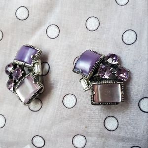 Vintage SELRO SELINI Purple Rhinestone Moonglow Lucite Clip Silver Earrings